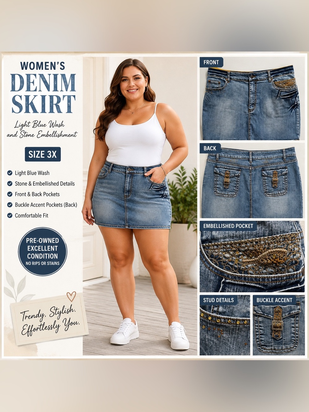 Women's Denim Skirt - Light Blue Wash  and Stone Embellishment size 3X